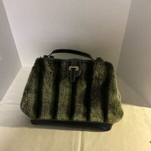 Vintage Faux Fur Handbag with faux leather Frame.  Gray and Black